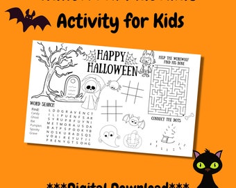 Halloween-aktivitetsmatta för barn digital nedladdning, Halloween-målarbilder och aktiviteter för barn, Halloween-målarbild för barn