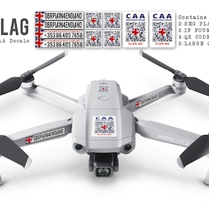 May include: A white drone with black propellers and a sticker that says "GBRPL41N4ENGLAND" on the side. The drone also has a sticker with a QR code and the text "CAA REGISTERED DRONE SCAN ME" on the top. The drone is labeled "MAVIC AIR 2".