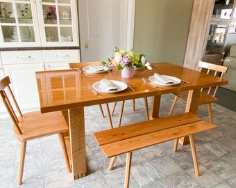 Handcrafted Solid Wood Modern Dining Table | Red Oak | Matching Bench and Modern Windsor Chairs