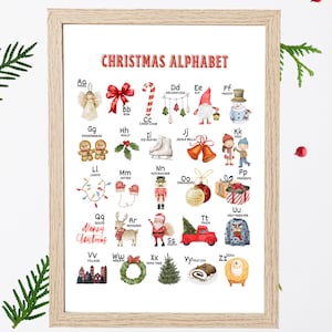 Cartaz educativo com letras do alfabeto de Natal, arte de parede para decoração infantil, sala de jogos, educação domiciliar, pré-escola, feriado Montessori, download digital