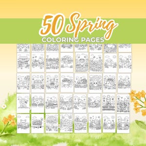 Pode incluir: Um conjunto de 50 páginas para colorir com o tema da primavera. As páginas apresentam ilustrações de cenas da primavera, incluindo flores, animais e paisagens ao ar livre. O título "50 Spring Coloring Pages" está em laranja sobre um fundo verde.
