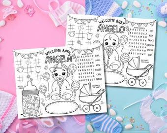 Editable Baby Shower Coloring Placemat for Boy & Girl, Gender Reveal Party Games, Girl or Boy Baby Shower Activity, Baby Shower Party Games