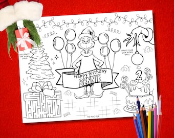 Printable Grinch Birthday Activity Placemat, Grinch Coloring Page, Grinchmas Party Games, The Grinch Christmas Placemat, Kids Coloring Pages
