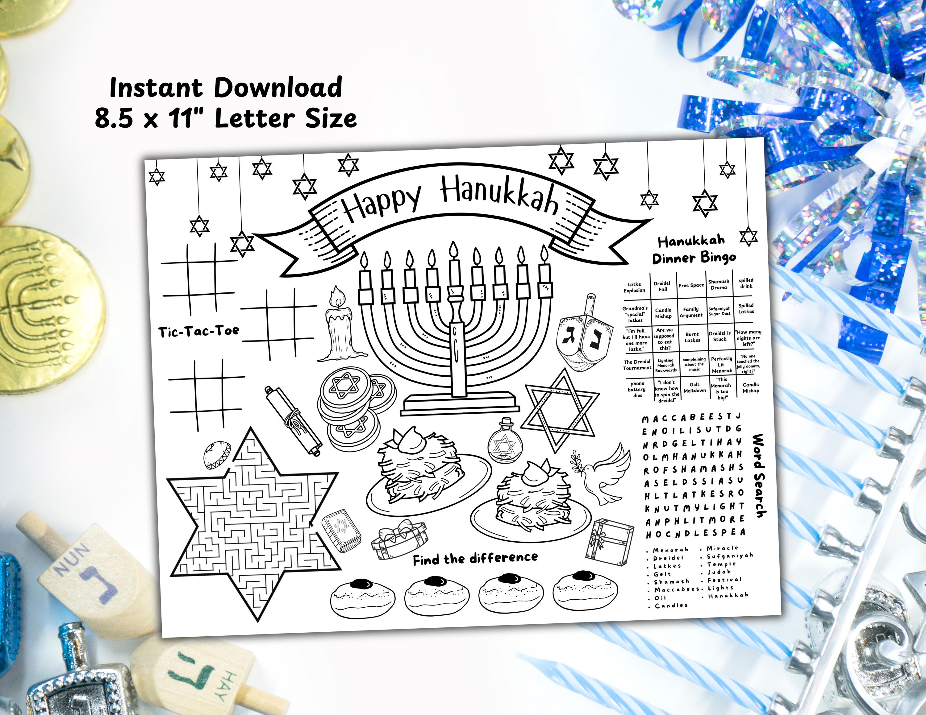 Happy Hanukkah Printable Coloring Placemat, Jewish Holiday Activity ...