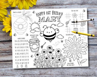 Bee Coloring Placemat, Honey Bee Activity Page, Bee Party Games, Bee Themed Birthday Party, Bumble Bee Party Favor, Kids Coloring Page