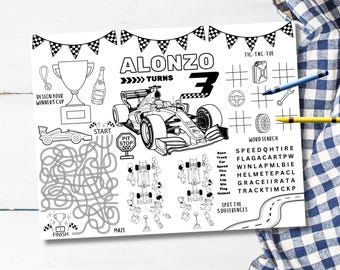 Editable Car Racing Party Placemat, Formula 1 Party Coloring Page, Cars Birthday Activity, Kids Coloring Page, Party Placemat, Race Cars
