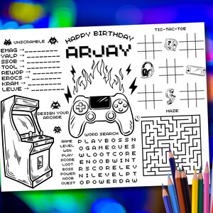 Video Game Coloring Placemat, Gaming Party Placemat, Video Game Party Games, Player Party Activity, Kids Coloring Page, Gaming Birthday