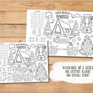 May include: A printable camping-themed birthday activity sheet for a child named Marissa. The sheet includes a word search, a maze, a connect-the-dots, a find-the-differences game, and a design-your-own-backpack activity. The sheet is available in two sizes: US Letter (8.5x11 inches) and US Legal (17x11 inches).