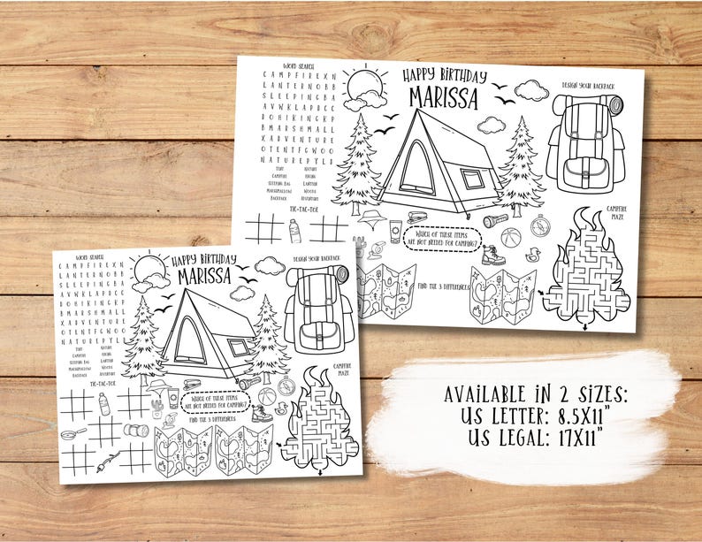 May include: A printable camping-themed birthday activity sheet for a child named Marissa. The sheet includes a word search, a maze, a connect-the-dots, a find-the-differences game, and a design-your-own-backpack activity. The sheet is available in two sizes: US Letter (8.5x11 inches) and US Legal (17x11 inches).