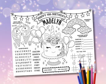 Könnte beinhalten: Schwarz-weiß Malvorlage mit Einhorn-Motiv. Enthält eine Geburtstagstorte, Luftballons, ein Regenbogen-Labyrinth, eine Wortsuche und Tic-Tac-Toe. Der Text lautet "Happy 11th Birthday Madelyn". Stifte zum Ausmalen sind enthalten.