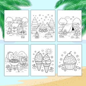 Pu&ograve; includere: Una collezione di sei pagine da colorare in bianco e nero con temi all'aperto ed estivi. Le scene includono campeggio, grigliate e coni gelato. Ogni pagina &egrave; delineata con spesse linee nere.
