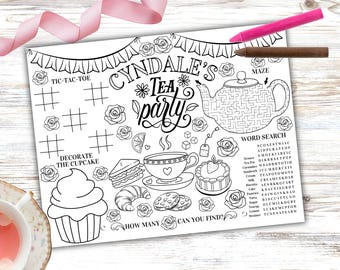 Teeparty Färbung Tischset, High Tea Geburtstag Aktivität, Printable Par-tea Geburtstag Malseite, Tee-Party Spiele, Nachmittagstee Blatt
