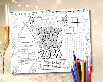 2026 Silvester Kinder Tischset, Neujahr 2026 Aktivitätsblatt, Silvester 2026 Malseiten, Silvester Party Spiele, Kinder Malseiten, Neujahr 2026 Mat