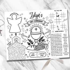 Jogo americano para colorir de primeira comunhão para imprimir, página para colorir de primeira comunhão, tapete de atividade para a sagrada comunhão, jogo americano personalizado para comunhão