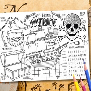 Pirate Coloring Placemat, Pirate Party Favor, Pirate Activity Placemat, Pirate Birthday Games, Printable Pirate Activity Sheet, Pirate Ship