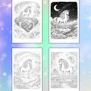 May include: Four black and white unicorn coloring pages. Each page features a unicorn in a different fantasy landscape, including a night sky, a floating island, and a forest scene. The pages are detailed and ready for coloring.