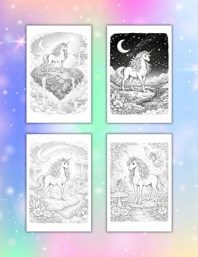 May include: Four black and white unicorn coloring pages. Each page features a unicorn in a different fantasy landscape, including a night sky, a floating island, and a forest scene. The pages are detailed and ready for coloring.