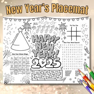 New Year&#39;s Eve Placemat 2025 Kids Activity Printable Sheet NYE Coloring Pages Activity New Years Resolution Party Game Instant Download