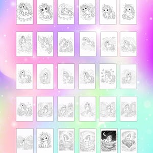 May include: A collection of coloring pages featuring various unicorn illustrations. Each page showcases a different unicorn design, with details like clouds, rainbows, and stars. The pages are in black and white, ready for coloring.
