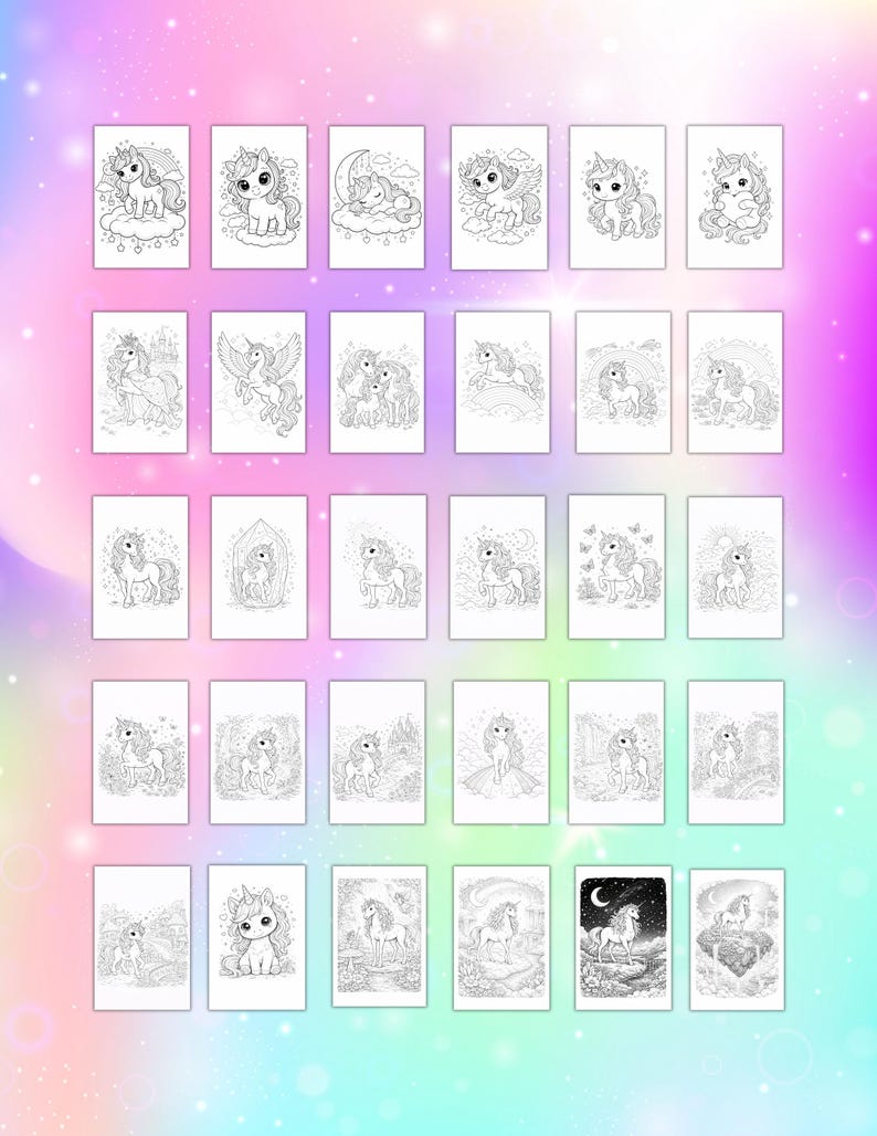May include: A collection of coloring pages featuring various unicorn illustrations. Each page showcases a different unicorn design, with details like clouds, rainbows, and stars. The pages are in black and white, ready for coloring.