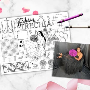 Personalized Birthday Placemat with Picture, Coloring Page Any Age, Birthday Party Activity Sheet, Printable Party Favor, Digital Download