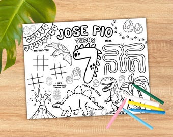 Peut inclure: Une page à colorier imprimable en noir et blanc sur le thème des dinosaures. La page comprend un labyrinthe, un jeu de tic-tac-toe, un jeu de "Je vois, je vois..." et un dinosaure à colorier. Le texte "JOSE PIO TURNS 7" est en haut de la page.