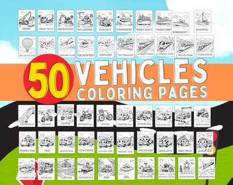 50 pagine da colorare di veicoli, libro da colorare sui trasporti, fogli da colorare di automobili, attività da colorare di automobili, foglio di attività da colorare per bambini sui trasporti