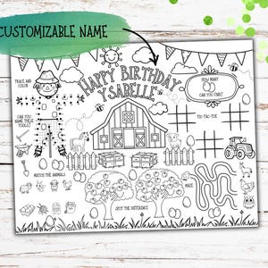 Puede incluir: Una hoja de actividades de cumplea&ntilde;os de tem&aacute;tica de granja para imprimir en blanco y negro con un nombre personalizable. La hoja incluye un laberinto, un juego de tres en raya, un juego de unir puntos, un juego de encontrar las diferencias y un juego de emparejamiento. El texto "Feliz cumplea&ntilde;os Ysabell" est&aacute; incluido en la hoja.