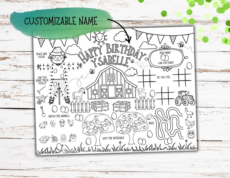 Puede incluir: Una hoja de actividades de cumplea&ntilde;os de tem&aacute;tica de granja para imprimir en blanco y negro con un nombre personalizable. La hoja incluye un laberinto, un juego de tres en raya, un juego de unir puntos, un juego de encontrar las diferencias y un juego de emparejamiento. El texto "Feliz cumplea&ntilde;os Ysabell" est&aacute; incluido en la hoja.
