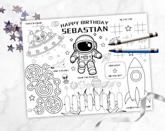 May include: Black and white printable activity sheet with a space theme. The sheet includes a connect-the-dots activity, a maze, a tic-tac-toe game, a count-the-stars activity, and a rocket ship to color. The text "Happy Birthday Sebastian" is at the top of the sheet.