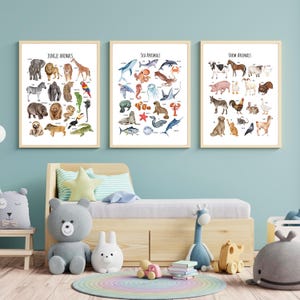 May include: Three framed watercolor illustrations of different animal categories. The first frame is labeled "Jungle Animals" and features animals like a gorilla, tiger, and parrot. The second frame is labeled "Sea Animals" and features animals like a shark, octopus, and seahorse. The third frame is labeled "Farm Animals" and features animals like a cow, rooster, and cat.