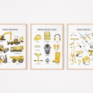 3er Set Bauen Prints, Kleinkind Junge Spielzimmer Wandkunst, Montessori Lernposter, Baustellenfahrzeuge, Junge Kinderzimmer Kinderwanddeko