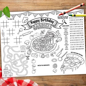 Pizza Party Placemat, Pizza Coloring Placemat, Pizzeria Party Activity Sheet, Personalized Pizza Birthday Printable, Pizza Party Coloring