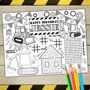 May include: A black and white printable activity sheet for a child's birthday party. The sheet features a construction theme with a bulldozer, excavator, and a house. The sheet includes a connect the dots activity, a word search, a maze, and a tic-tac-toe game. The sheet is personalized with the name "Jessie" and the words "Happy Birthday".