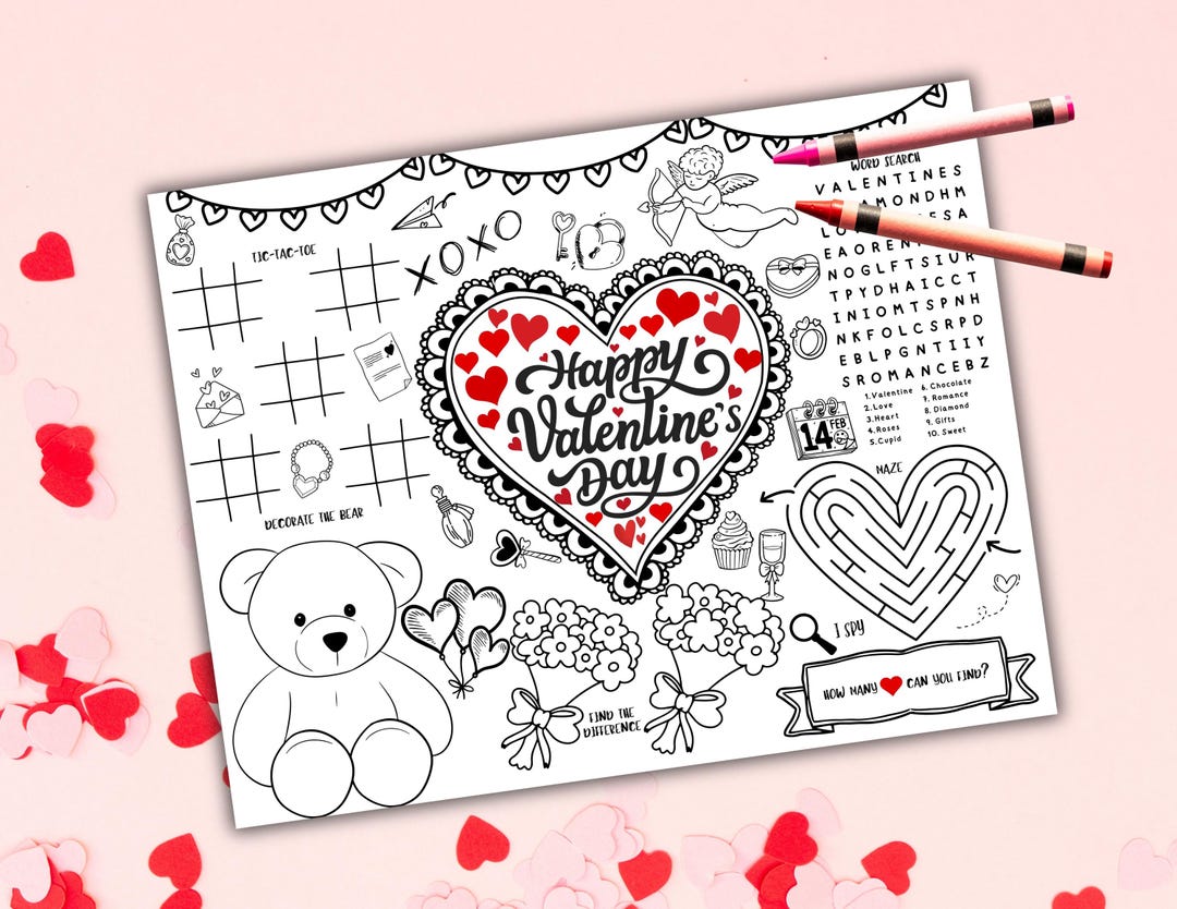 Valentine's Day Activity Coloring Mat, Printable Valentines Day ...