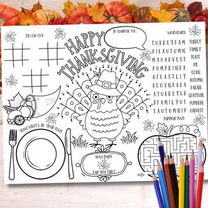 Printable Thanksgiving Coloring Pages, Thanksgiving Activity Placemat, Fall Autumn Classroom Craft Activity, Kids Thanksgiving Party Games