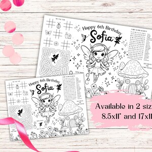 May include: A black and white printable activity sheet for a 6th birthday party. The sheet features a fairy, a mushroom house, a word search, a maze, and a tic-tac-toe game. The sheet is available in two sizes: 8.5x11 inches and 17x11 inches.