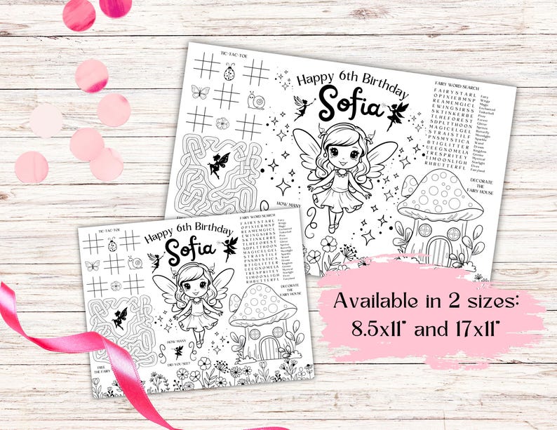 May include: A black and white printable activity sheet for a 6th birthday party. The sheet features a fairy, a mushroom house, a word search, a maze, and a tic-tac-toe game. The sheet is available in two sizes: 8.5x11 inches and 17x11 inches.