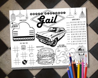 Retro Diner Coloring Placemat, American Diner Coloring Page, Kids Retro Birthday Placemat, Retro Diner Activity Sheet, Diner Party Favor