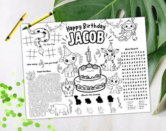 Safari Coloring Placemat, Personalized Jungle Placemat, Custom Jungle Party, Wild Animals Party Activity Mat, Zoo Animals Birthday Favor