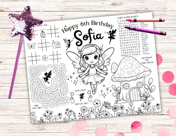 Fairy Coloring Placemat, Editable Fairy Birthday Party Mat, Enchanted Garden Coloring Activity Sheet, Kids Coloring Page, Fairy Party Favor