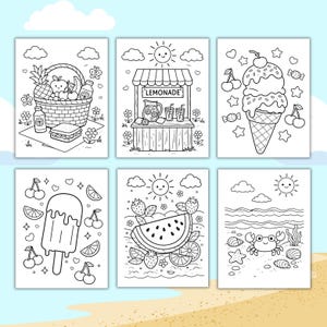 Pu&ograve; includere: Sei pagine da colorare in bianco e nero con temi estivi. Le immagini includono un cestino da picnic, una bancarella di limonata, un cono gelato, un ghiacciolo, una fetta di anguria e una scena di spiaggia con un granchio. Ogni pagina presenta un sole e delle nuvole.