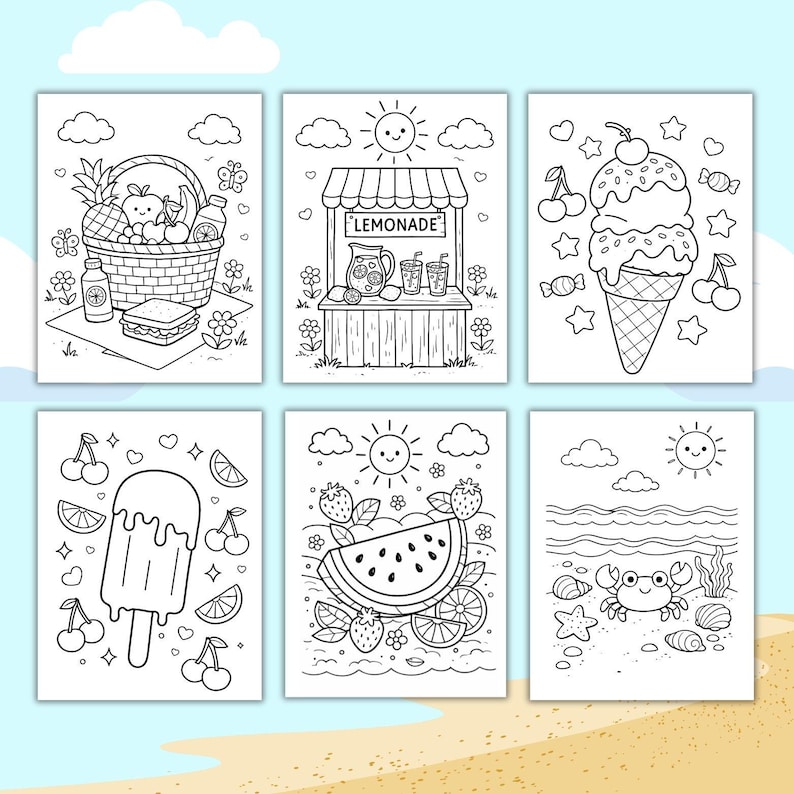 Pu&ograve; includere: Sei pagine da colorare in bianco e nero con temi estivi. Le immagini includono un cestino da picnic, una bancarella di limonata, un cono gelato, un ghiacciolo, una fetta di anguria e una scena di spiaggia con un granchio. Ogni pagina presenta un sole e delle nuvole.