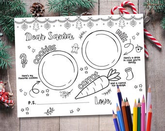 Op de afbeelding: Zwart-wit kleurplaat met de tekst "Lieve Kerstman" en ruimtes voor koekjes, melk en een wortel voor Rudolph. Bevat illustraties van een zuurstok, peperkoekmannetje en kerstboom.