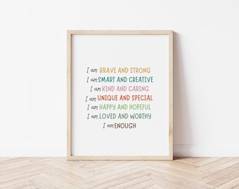 Afirmación diaria "Soy positivo", cita inspiradora para niños, mentalidad de crecimiento infantil, póster de salud mental, arte mural motivacional, decoración de habitación infantil
