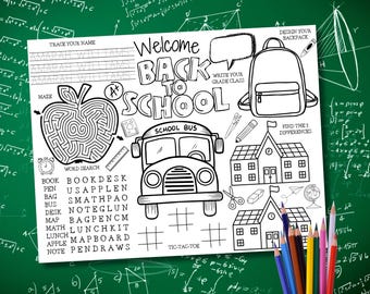 Back to School Placemat, Back to School Activity Page, Printable First Day of School Page, School Activities Downloads, Kids Coloring Page