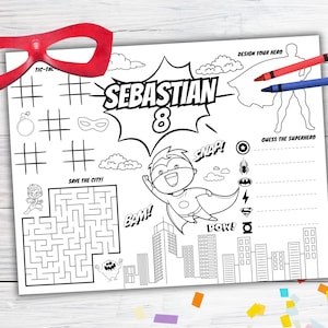 Superhero Coloring Placemat, Superhero Birthday Party, Editable Superhero Coloring Page, Birthday Party Placemat, Superhero Activity Sheet