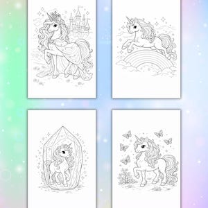 May include: Four black and white unicorn coloring pages. One shows a unicorn with a crown and a castle. Another depicts a unicorn jumping over a rainbow. The third has a unicorn inside a crystal, and the last has a unicorn with butterflies.