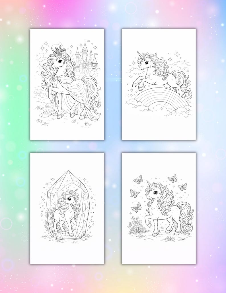 May include: Four black and white unicorn coloring pages. One shows a unicorn with a crown and a castle. Another depicts a unicorn jumping over a rainbow. The third has a unicorn inside a crystal, and the last has a unicorn with butterflies.