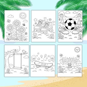 Pu&ograve; includere: Sei pagine da colorare in bianco e nero con attivit&agrave; all'aperto. Le immagini includono girasoli, pattini a rotelle, un pallone da calcio con scarpe, un'altalena, uno skateboard e una fontana. Ogni pagina ha un sole sorridente e altri elementi decorativi.